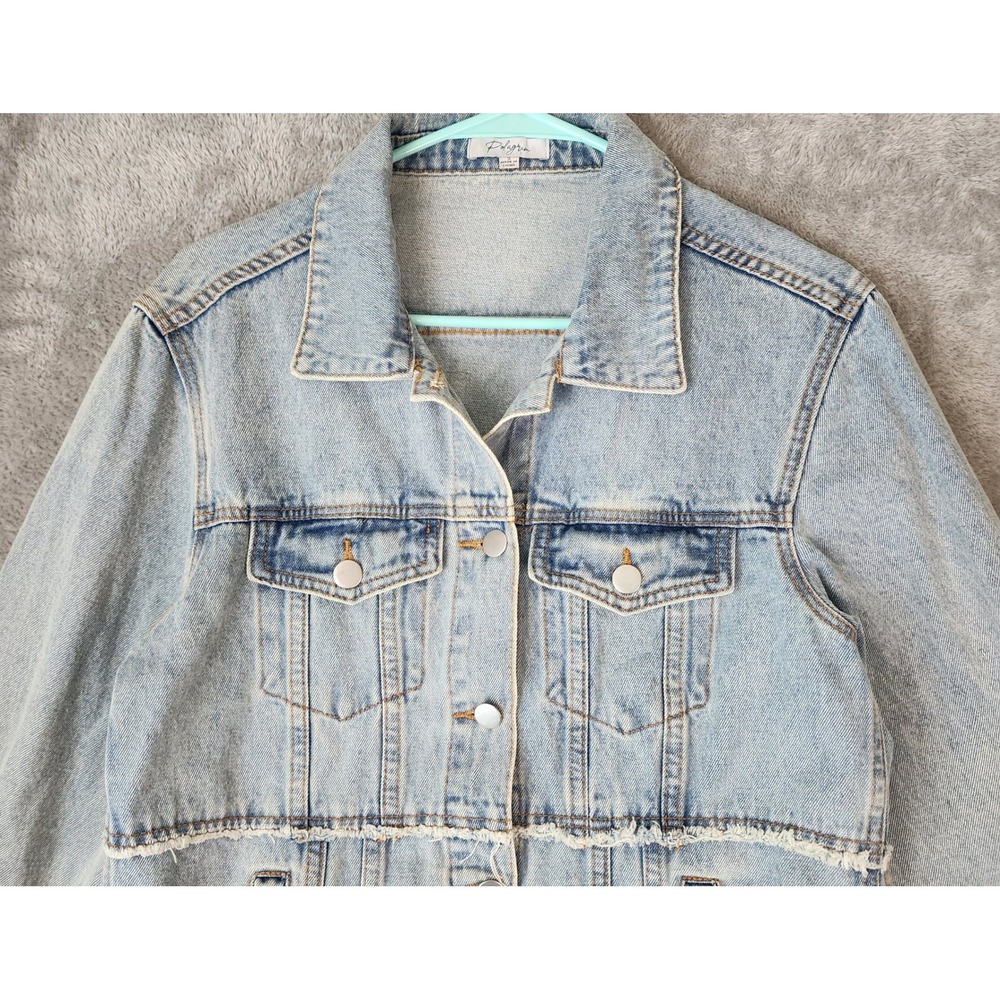 Polagram Jean Jacket Womens Small Light Wash Frayed Hem Denim Trucker Preppy - Picture 6 of 10